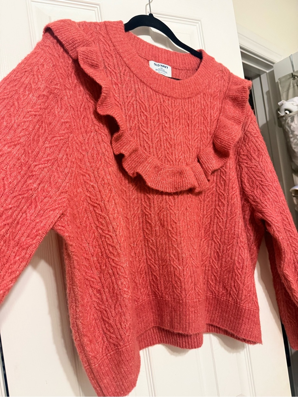 Old Navy Coral Ruffle Cable-Knit Crew Sweater